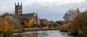Worcester Cathedral and the River Severn in Worcester, UK