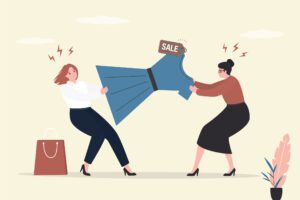 Shopping, competition, fighting concept. Two young angry women cartoon characters fighting for modern dress during sales on shopping.