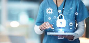 Medical cybersecurity, tablet and hands of doctor, surgeon or nurse with virtual hologram for database lock.